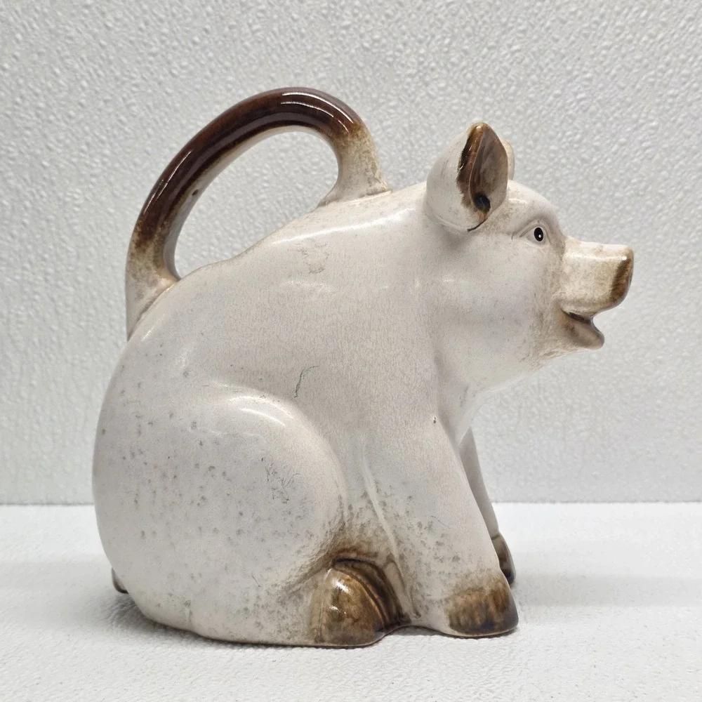 Vintage Ceramic White Pig Pitcher Watering Can Heavy Farm Stoneware
